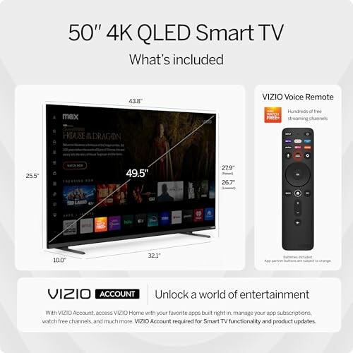 50-inch 4K QLED Smart TV with dimensions and VIZIO Voice Remote included.