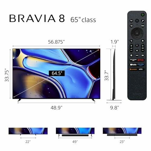 Bravia 8 65-inch TV dimensions and remote control.