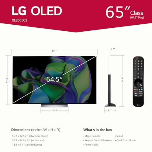 LG OLED 65 inch TV with dimensions and remote control