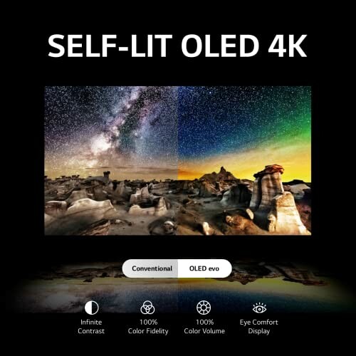 Comparison of conventional and OLED evo displays showcasing a starry night scene with vivid colors and details.