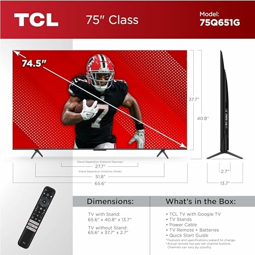 TCL 75-inch TV with dimensions and features highlighted